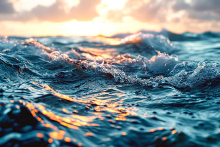 The ocean surface glitters with the golden hues of sunset, captured in the motion of gentle waves.の素材