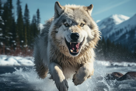 An intense, wild wolf running directly towards the camera in a snowy, forested landscape with mountains behind.の素材