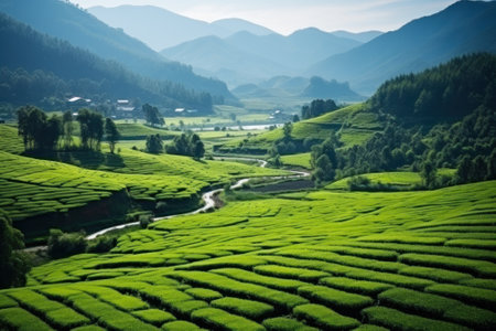Lush green tea plantations rolling over hills with morning mist settlement in the valleys, against a backdrop of mountains.の素材