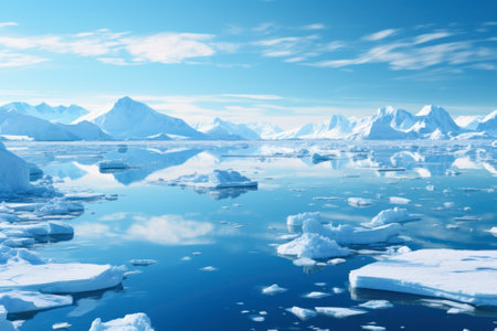 Calm arctic waters reflecting mountains and icebergs under a clear blue sky in a serene polar scene.の素材