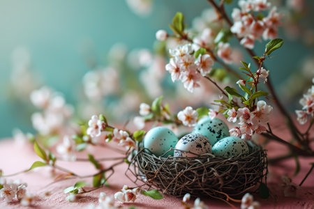 Easter celebration concept with pastel-colored eggs and cherry blossom branches on a serene teal background.の素材