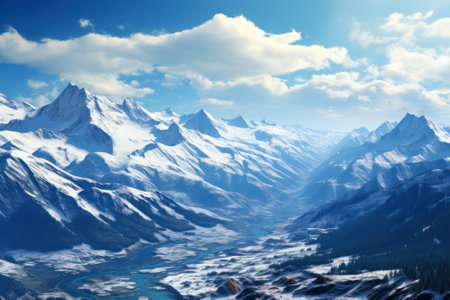 Snow-capped mountain peaks reach into the clear blue sky, a breathtaking landscape of nature's grandeur and peacefulness.の素材