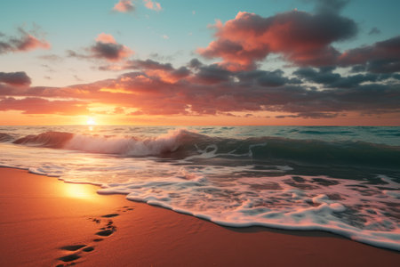 Golden sunset over a serene beach with waves washing away footprints in the sand.の素材