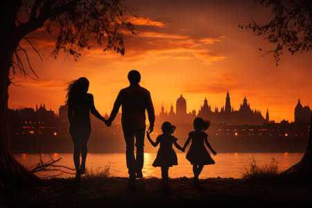 A family holding hands, captured in silhouette against a vibrant sunset over a tranquil lake, symbolizing togetherness.の素材