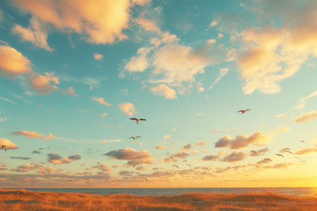 A flock of seagulls flying above a beach with tall grasses against a sunset sky.の素材