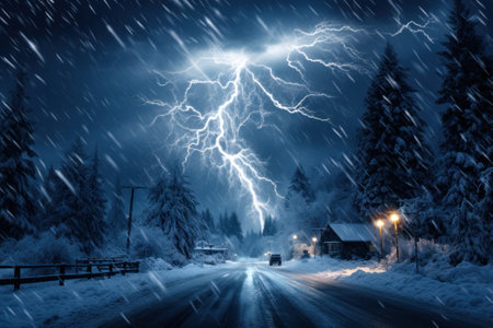 Intense lightning bolts illuminate a snowy road in a forest during a winter thunderstorm.の素材
