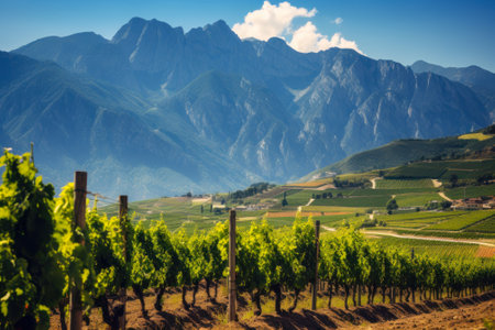 Green vineyards sprawling at the foothills of a dramatic mountain range under a sunny sky.の素材