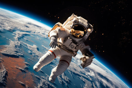 An astronaut in a space suit floats freely in the vastness of space, with a striking view of Earth's curvature in the background.の素材