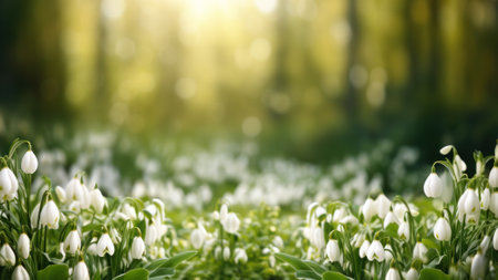 A serene field of snowdrops bathed in soft sunlight, signaling the start of spring in a woodland.の素材