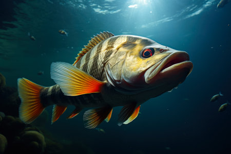 Close encounter with a colorful fish while snorkeling in a clear underwater seascape.の素材