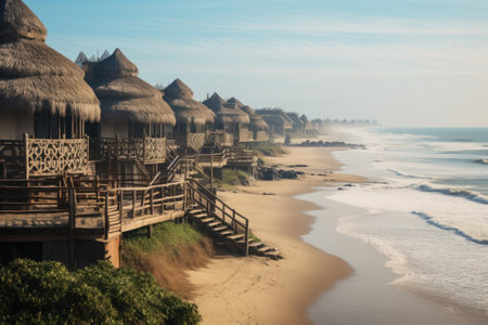 The tranquil morning sun bathes beachfront huts and a pristine sandy beach in a soft, golden light.の素材