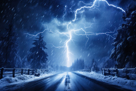 Intense lightning bolts illuminate a snowy road in a forest during a winter thunderstorm.の素材