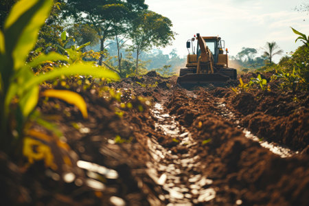 Heavy machinery clearing tropical land for agricultural development, raising environmental concerns.の素材
