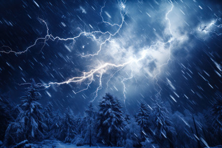Dramatic scene of a lightning storm over a snow-laden forest, showcasing nature's powerful contrast.の素材