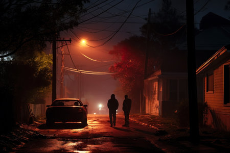 Two silhouetted figures standing in a foggy street at night, with an eerie glow and urban setting.の素材
