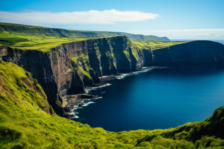 Expansive view of lush green cliffs descending into the deep blue ocean under a clear sky.の素材