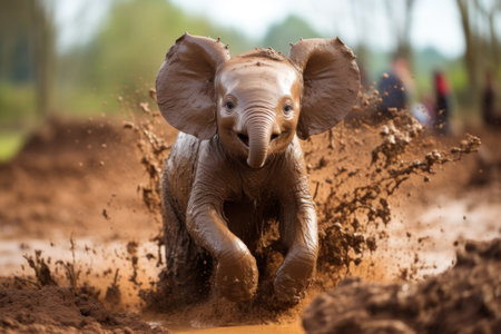 A playful baby elephant joyfully splashing in the mud, with ears flapped wide open.の素材