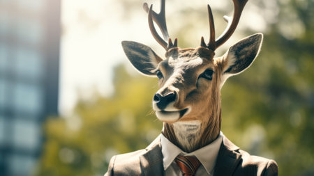 A whimsical portrayal of a deer dressed in a suit, posing human-like in an urban environment.の素材