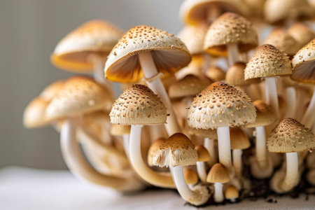 A vibrant group of wild mushrooms thriving together, captured in their natural, moist habitat.の素材