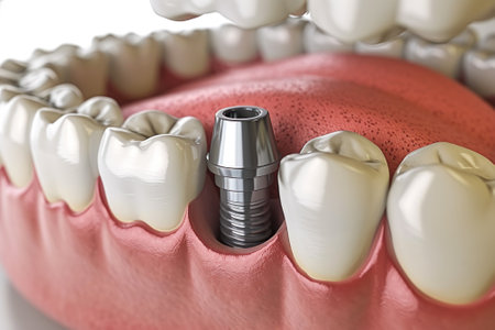 Macro shot of a dental implant being installed into a gum model, highlighting precision in dental prosthetics.の素材