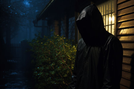 A mysterious figure shrouded in a hoodie stands in the pouring rain at night, evoking a sense of intrigue and suspense.の素材