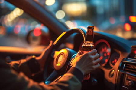 A driver's reckless behavior is depicted by holding an open bottle of beer while steering a car, symbolizing the risk of drinking and driving.の素材