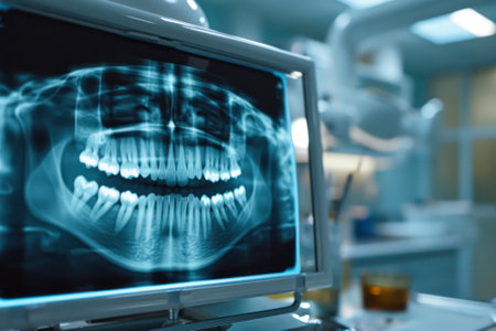 A detailed dental X-ray displayed on a clinic's monitor, showing modern diagnostic tools in dentistry.の素材