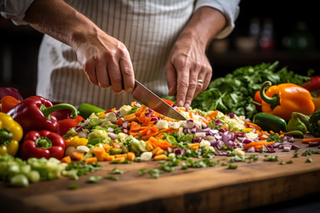 A chef meticulously chopping a variety of colorful fresh vegetables for a healthy meal preparation.の素材