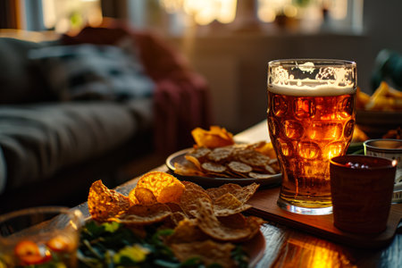Evening relaxation scene with a pint of craft beer and snacks on a wooden table, warm ambient lighting.の素材