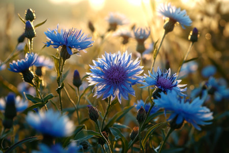 Blue cornflowers illuminated by the soft light of dawn, with a tranquil and refreshing morning atmosphere in the meadow.の素材