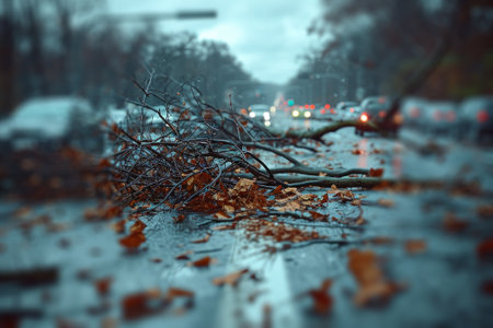 A wet urban road scattered with fallen branches and autumn leaves after a rainstorm, with blurry city traffic in the background.の素材
