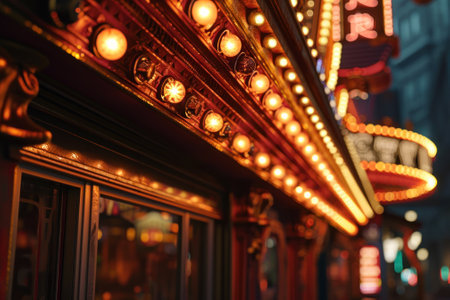 Glowing marquee lights of a theater entrance creating a warm, inviting ambiance in the evening.の素材