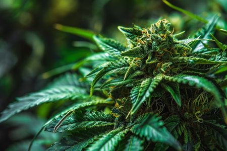 A close-up of a vibrant green cannabis plant with detailed leaves and buds, showing its natural textures.の素材