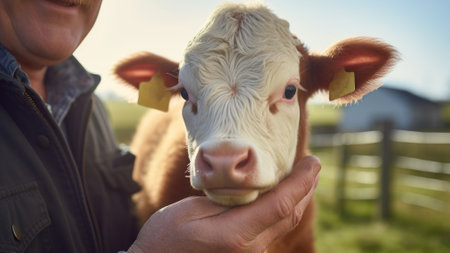 A close-up view of a gentle cow being petted by a person, highlighting human-animal bonding.の素材