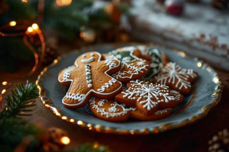 Decorated gingerbread cookies on a festive plate, surrounded by Christmas lights.の素材