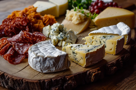 Variety of gourmet cheeses on a rustic wooden board, ideal for a charcuterie spread.の素材