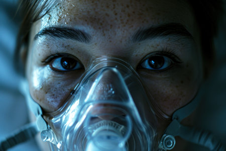 A close-up of a person's intense eyes looking through the clear plastic of an oxygen mask, conveying urgency and care.の素材