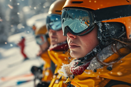 A skier's face partially covered by goggles that reflect the snowy mountain slopes, evoking a sense of winter sports adventure.の素材