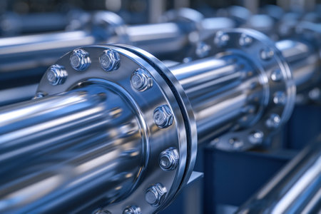 A close-up of the metallic components of industrial machinery, showcasing precision engineering and modern manufacturing.の素材