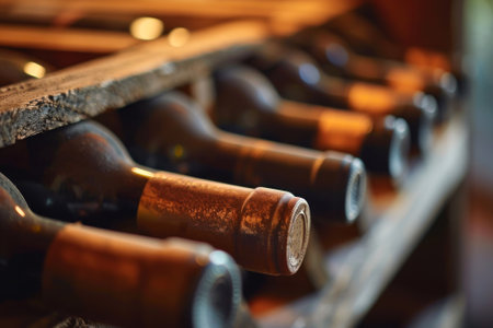 Close-up of dusty wine bottles stored in an antique wooden wine rack, with a focus on the texture and details.の素材