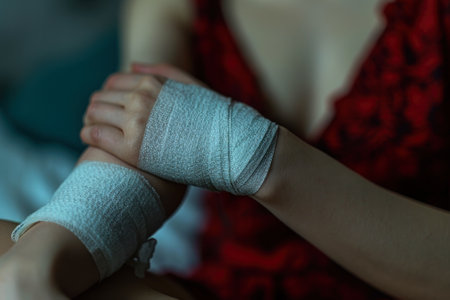 Close-up view of a person's arm bandaged with medical gauze, emphasizing the care and treatment of injuries.の素材