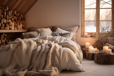 A cozy bedroom setup with soft bedding and warm candlelight, inviting relaxation in a winter ambiance.の素材