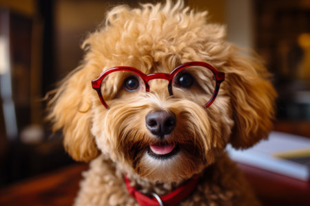 A curly-haired dog looks at the camera with red glasses, showing a quirky and intelligent character.の素材