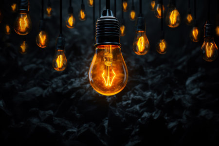 Glowing light bulbs suspended in the darkness of a coal mine, symbolizing ideas and innovation.の素材