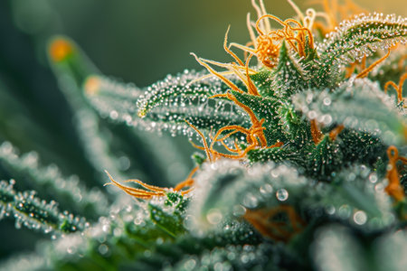 Macro shot of cannabis leaves adorned with water droplets, highlighting their natural beauty and detail.の素材