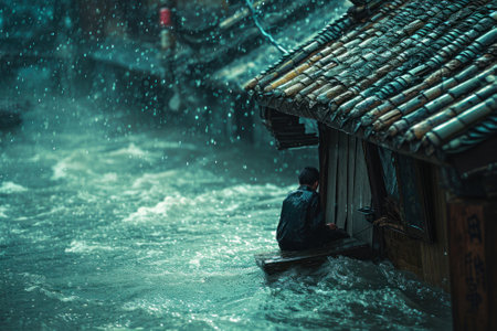A lone man seeks refuge on the roof of a submerged structure as relentless rain and floodwaters engulf the town.の素材