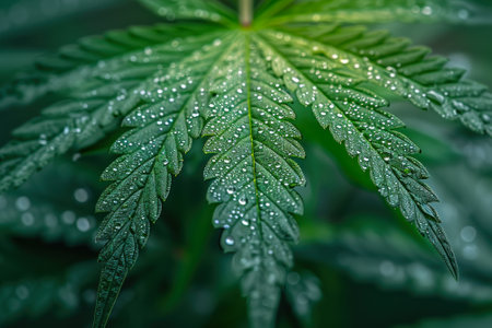 A close-up of a cannabis leaf reveals delicate dew drops, highlighting the plant's natural beauty and complexity.の素材
