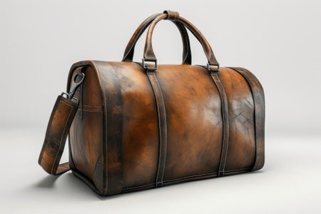 Elegant vintage leather duffel bag isolated on a white background, emphasizing fine craftsmanship.の素材