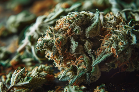 A macro close-up of cannabis buds covered in crystalline trichomes, detailing the plant's potency and medicinal qualities.の素材