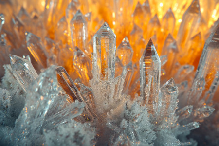 Close-up shot of radiant crystals against a warm golden light, showing intricate details.の素材